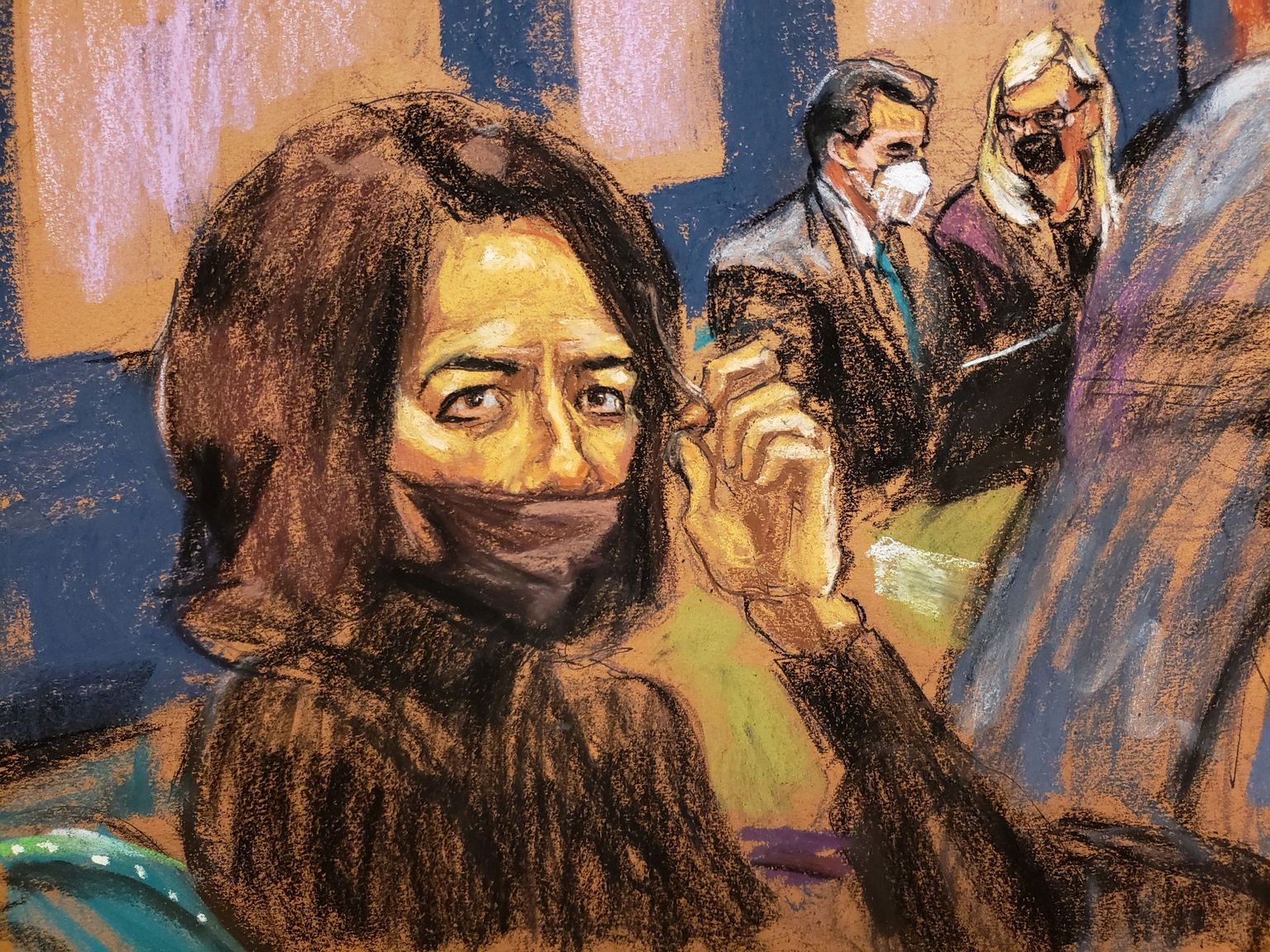 Kohtukunstnik Jane Rosenbergi joonistatud pilt Ghislaine Maxwellist 21. detsembril 2021 New Yorgi kohtus. Kaugemal on näha ta kaht advokaati Jeffrey Pagliucat ja Laura Menningeri