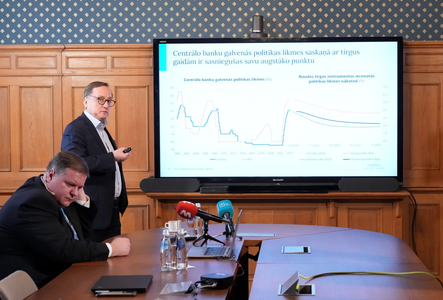 Latvijas Bankas Monetārās politikas pārvaldes vadītājs Uldis Rutkaste (no kreisās) un Latvijas Bankas prezidents Mārtiņš Kazāks piedalās pasākumā, kurā notiek jaunāko ekonomisko prognožu prezentācija un diskusija par globālās, eiro zonas un Latvijas tautsaimniecības attīstību