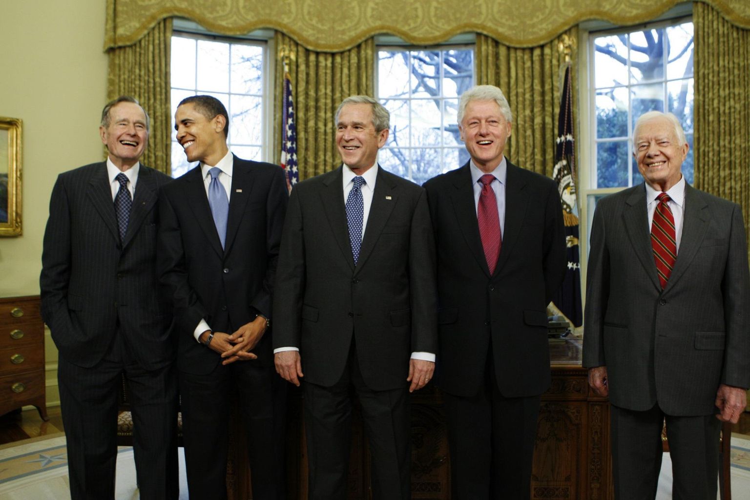 Kuigi vabariiklasi peetakse ettevõtjasõbralikeks, on börside käekäik olnud tugevam demokraatidest USA presidentide Bill Clintoni ja Barack Obama ametiaegadel. Fotol (vasakult) George H. W. Bush, Obama, George W. Bush, Clinton ja Jimmy Carter.