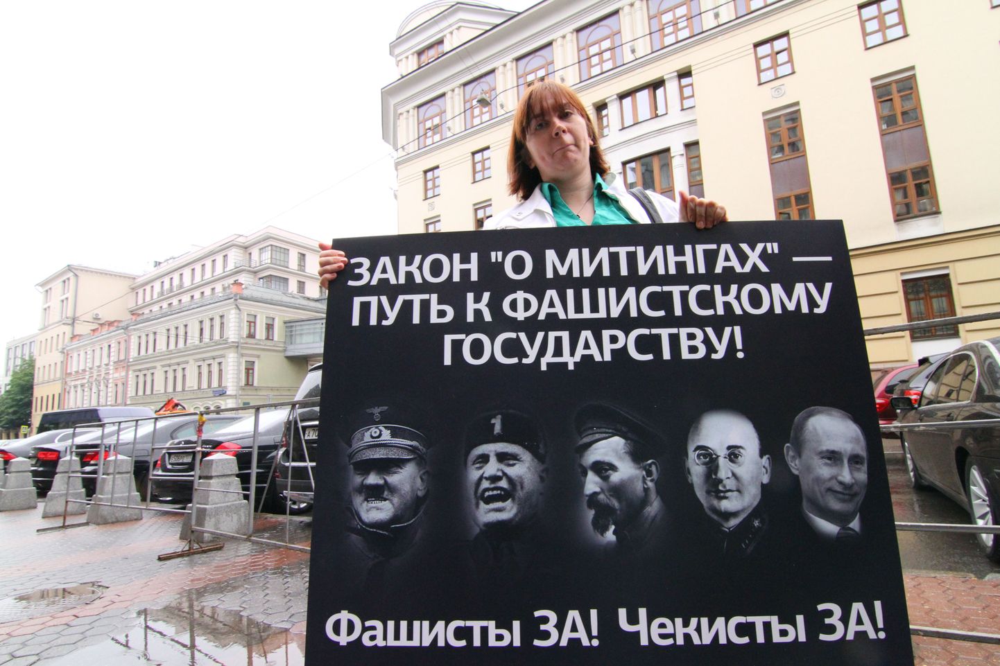 Kiri naise käes oleval plakatil teatab, et seadus miitingutest on tee fašistliku riigini. Selle poolt on fašistid ja tšekistid. Piltidel on (vasakult paremale): Adolf Hitler, Benito Mussolini, Felix Dzeržinski, Lavrenti Beria ja Vladimir Putin.