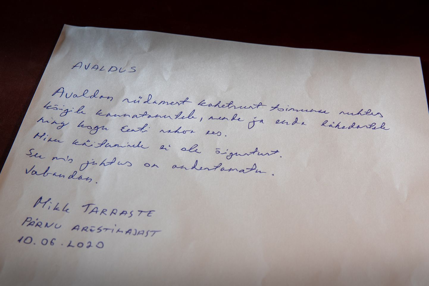 A handwritten statement by Lihula murder.