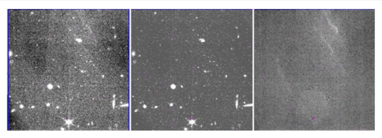 Vasakpoolselt pildilt on näha teleskoobi peeglikriimustusega kujutis, parempoolsel korrigeeriv pilt ainult kriimustuse ja defektide kujutistega ning keskel lõplik pilt, millest peeglikahjustused on maha arvatud. Nii kohendab Webbi kosmoseteleskoop võimalikke peegli vigastusi oma kosmosefotodelt.