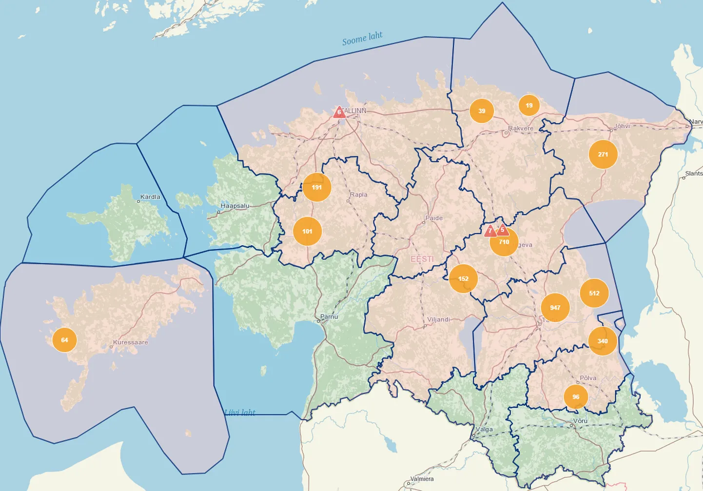 Elektrilevi katkestuste kaart laupäeva, 11. jaanuari kella 22.55 seisuga.