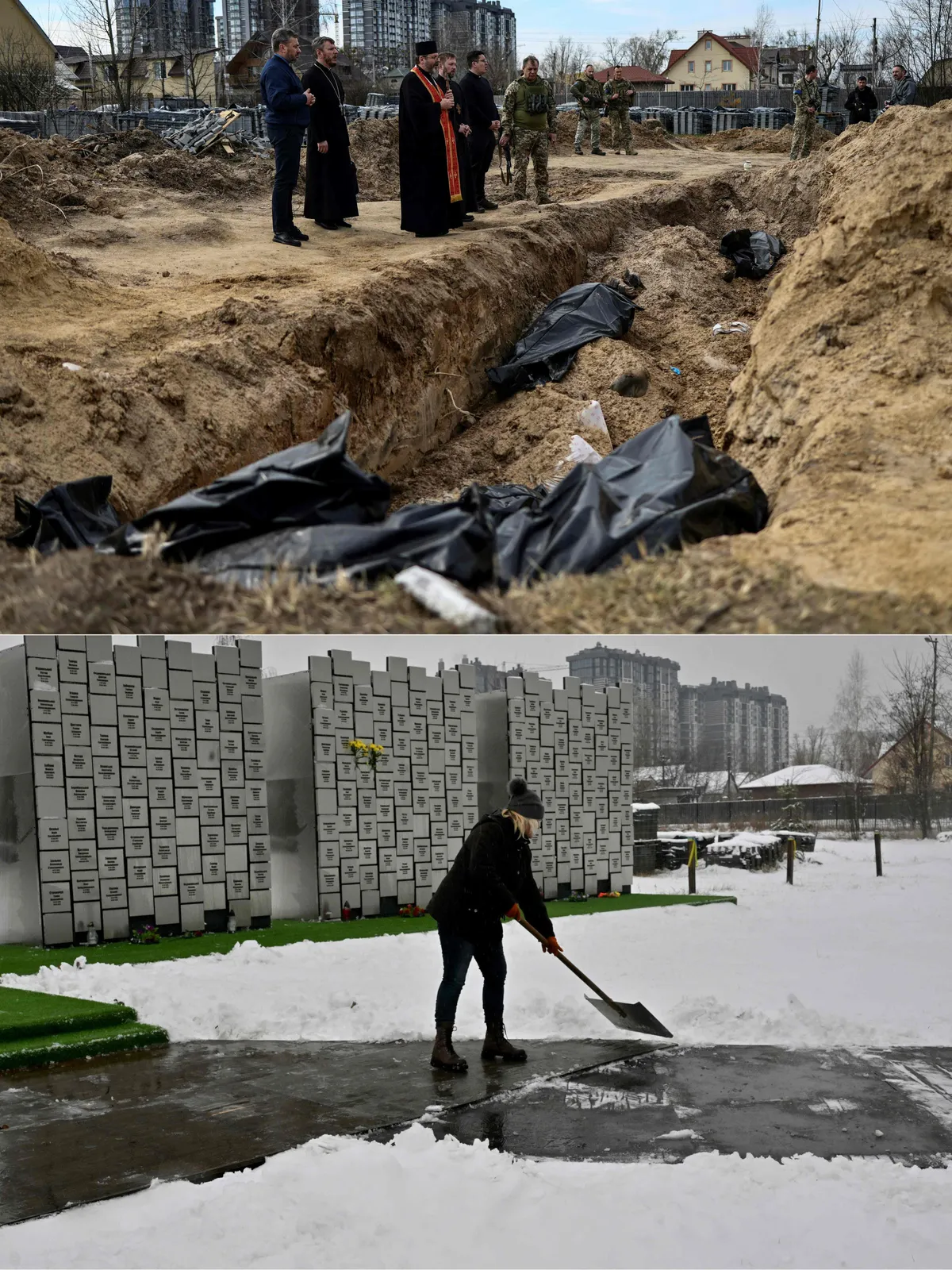 Augšā: pareizticīgo priesteru lūgšana pie masu kapa, kas Bučā tika atklāts pēc atbrīvošanas no Krievijas okupācijas, 2022.gada 7.aprīlī. Lejā: masu kapa vietā ierīkotais memoriāls 2024.gada 10.februārī.