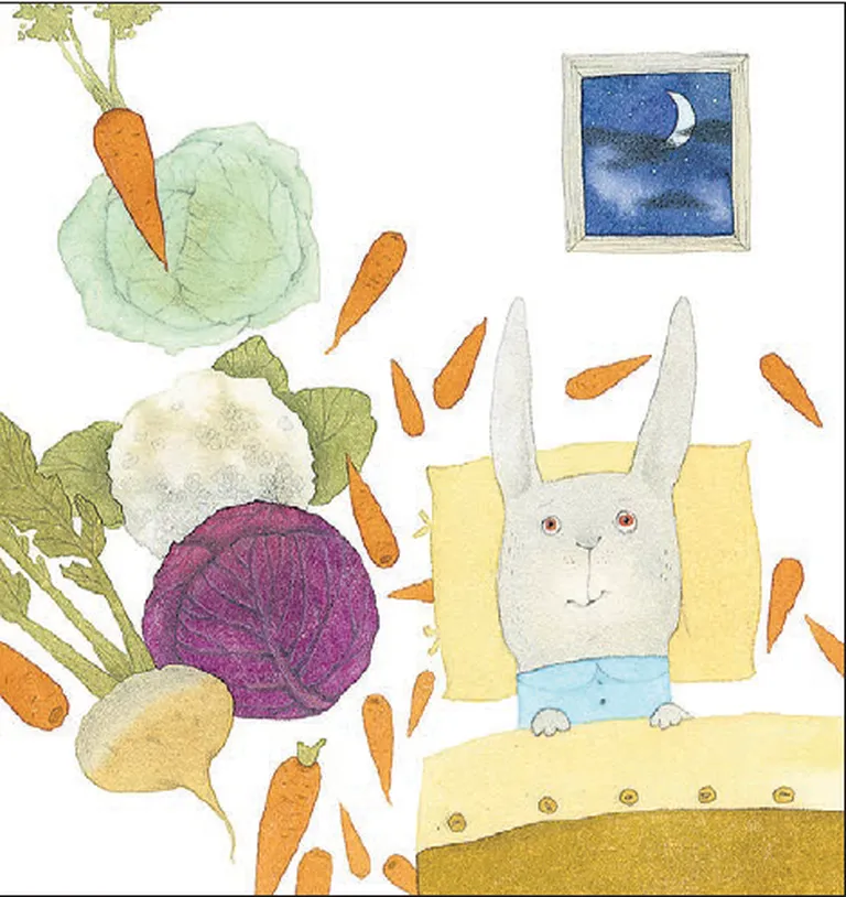 Anne Linnamägi illustratsioon Ellen Niidu loole«Jutt jänesepojast, kes ei tahtnud magama jääda».