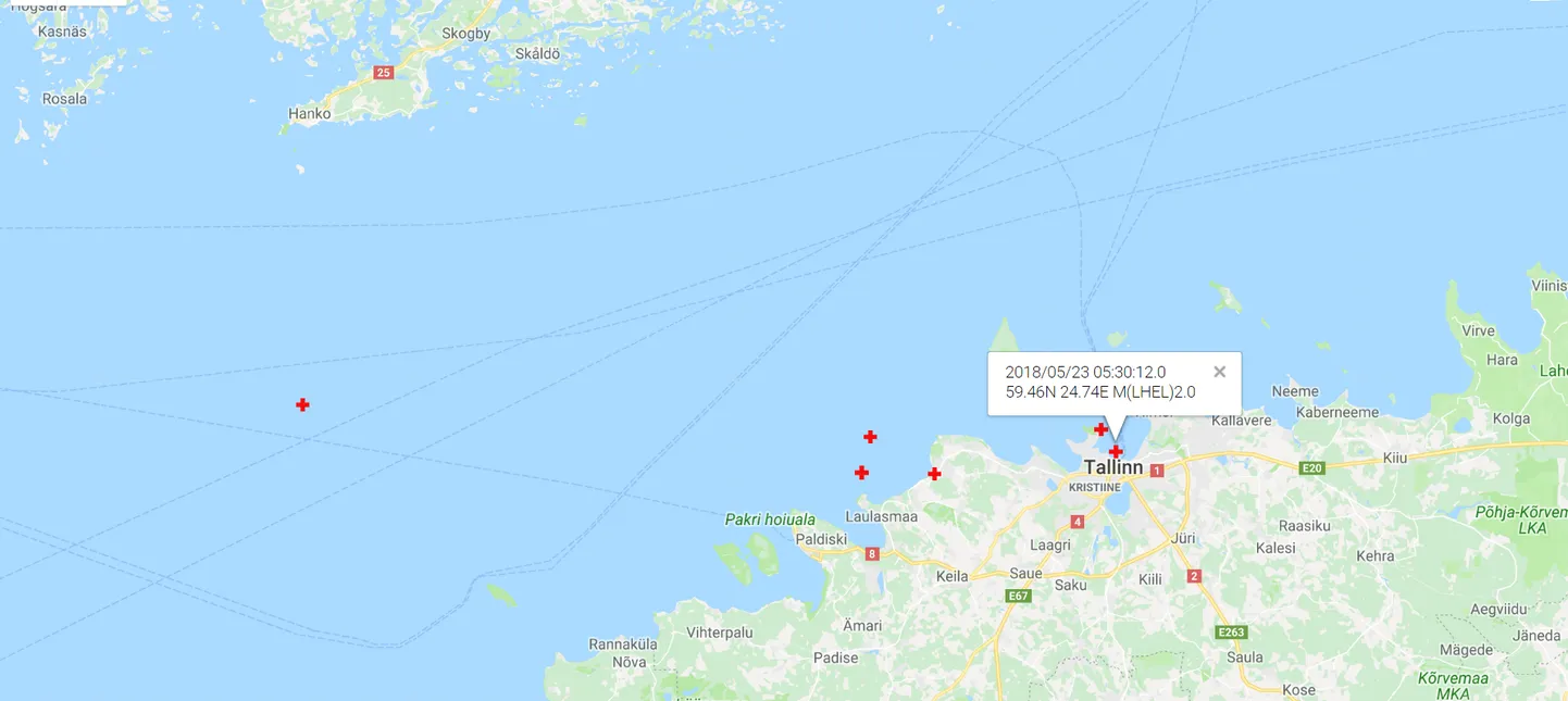Eile õhtul ja täna hommikul aset leidnud tõugete asukohad.