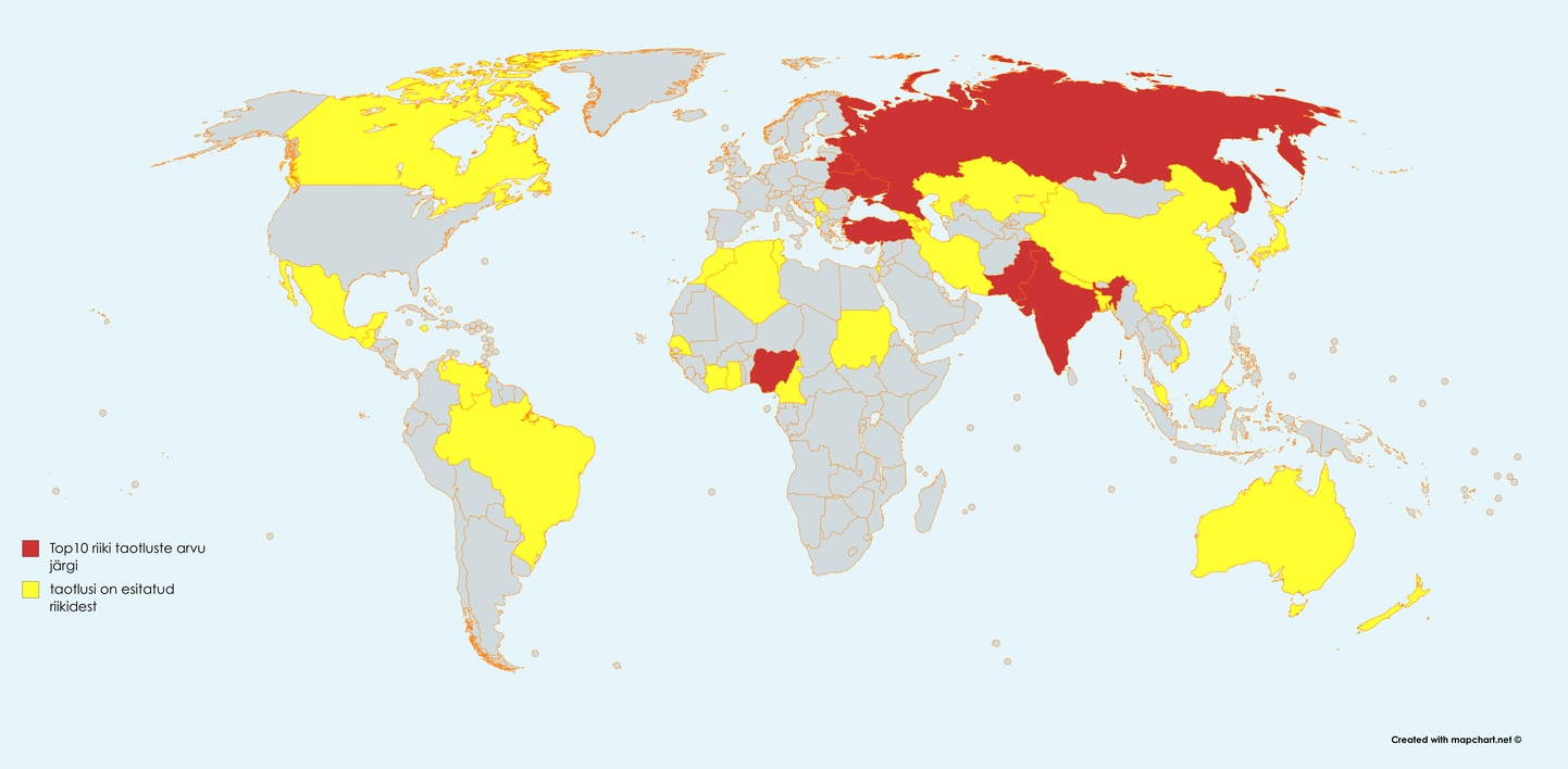 Красным обозначены топ-10 стран, откуда прибывают зарубежные сотрудники стартапов.