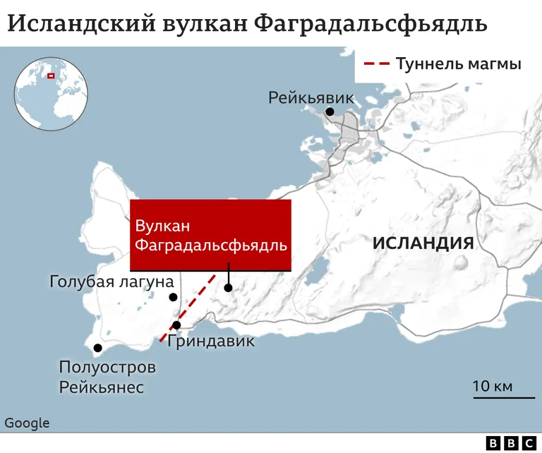 Вулкан Фаградальсфьядль на карте Исландии