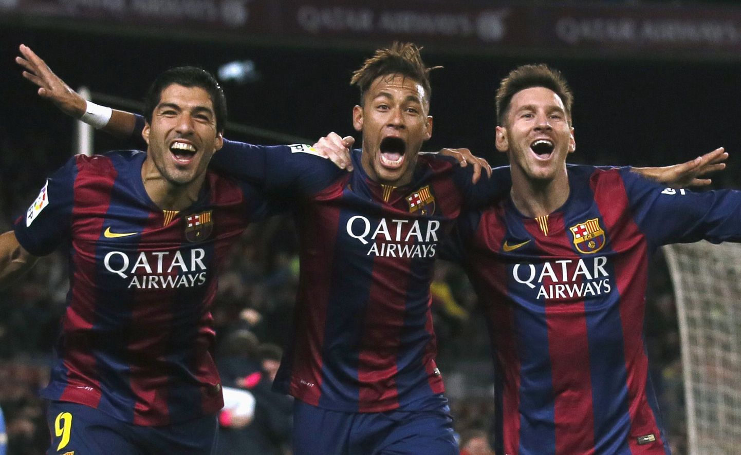 Barcelona ründestaarid Luis Suarez (vasakul), Neymar ja Lionel Messi.