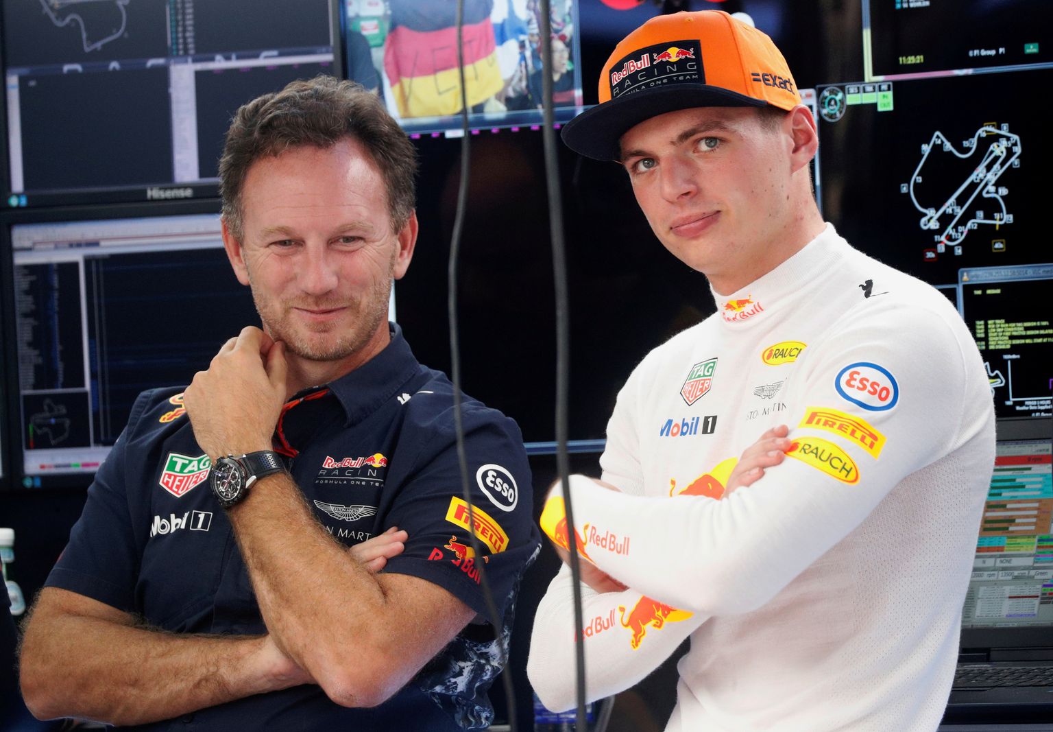 Red Bulli boss Christian Horner (vasakul) ja Max Verstappen.