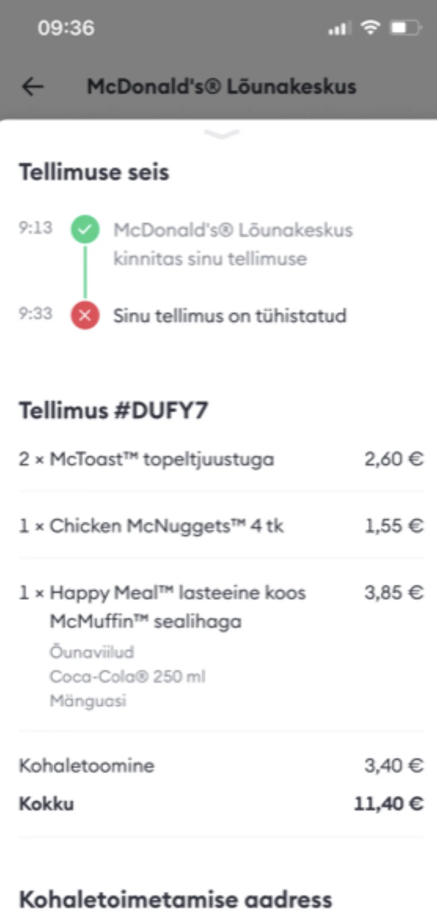 Bolt Food tühistas tellimuse
