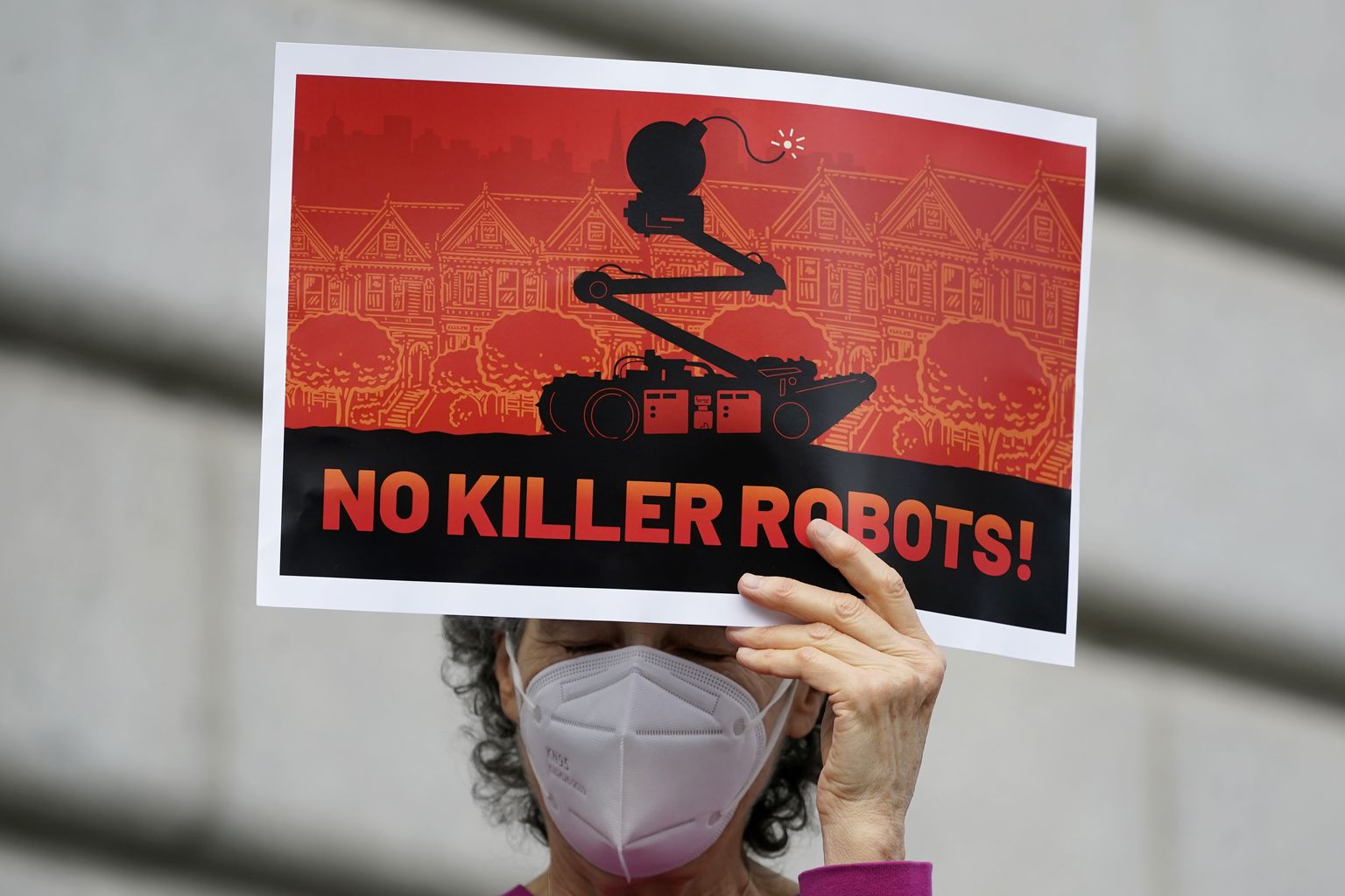 Tapjarobotite lubamise vastane meeleavaldus San Francisco linnavalitsuse ees.