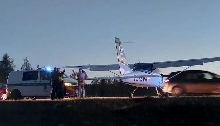 A Tecnam P2008 JC two-seater aircraft makes an emergency landing on the Tallinn highway near Adaži.