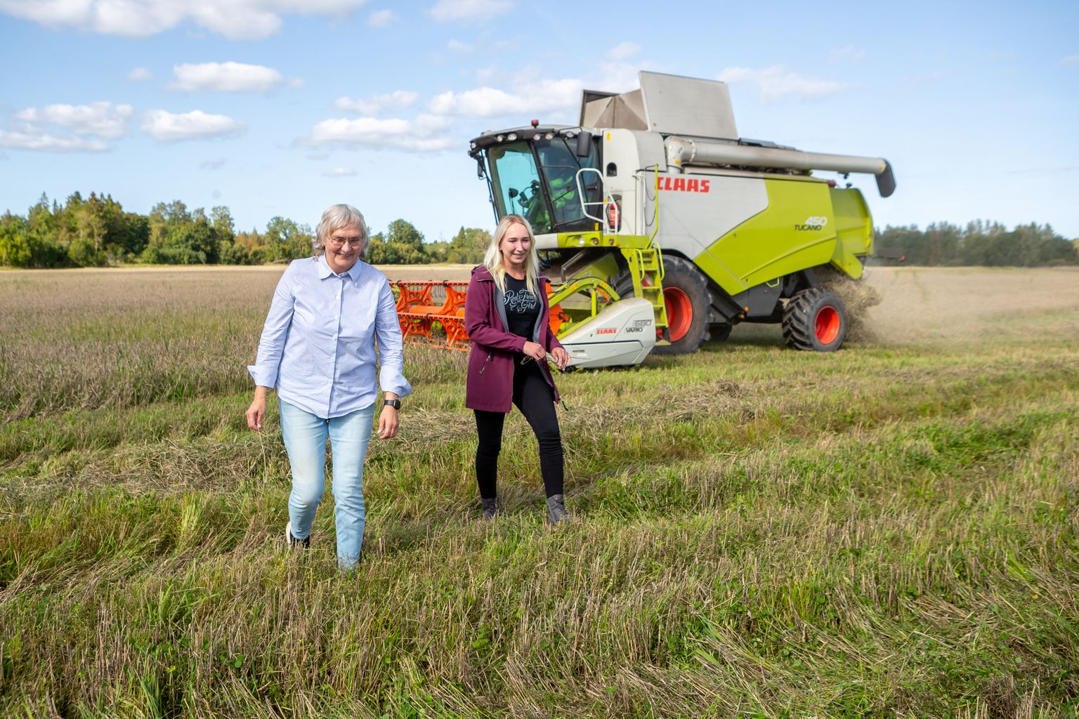 HILINE NISUKORISTUS: Audla OÜ taimekasvatajad Õnne Sööt (vasakul) ja Kristin Tärn viljapõllul, kus kombain veel 6. septembril talinisu koristas.