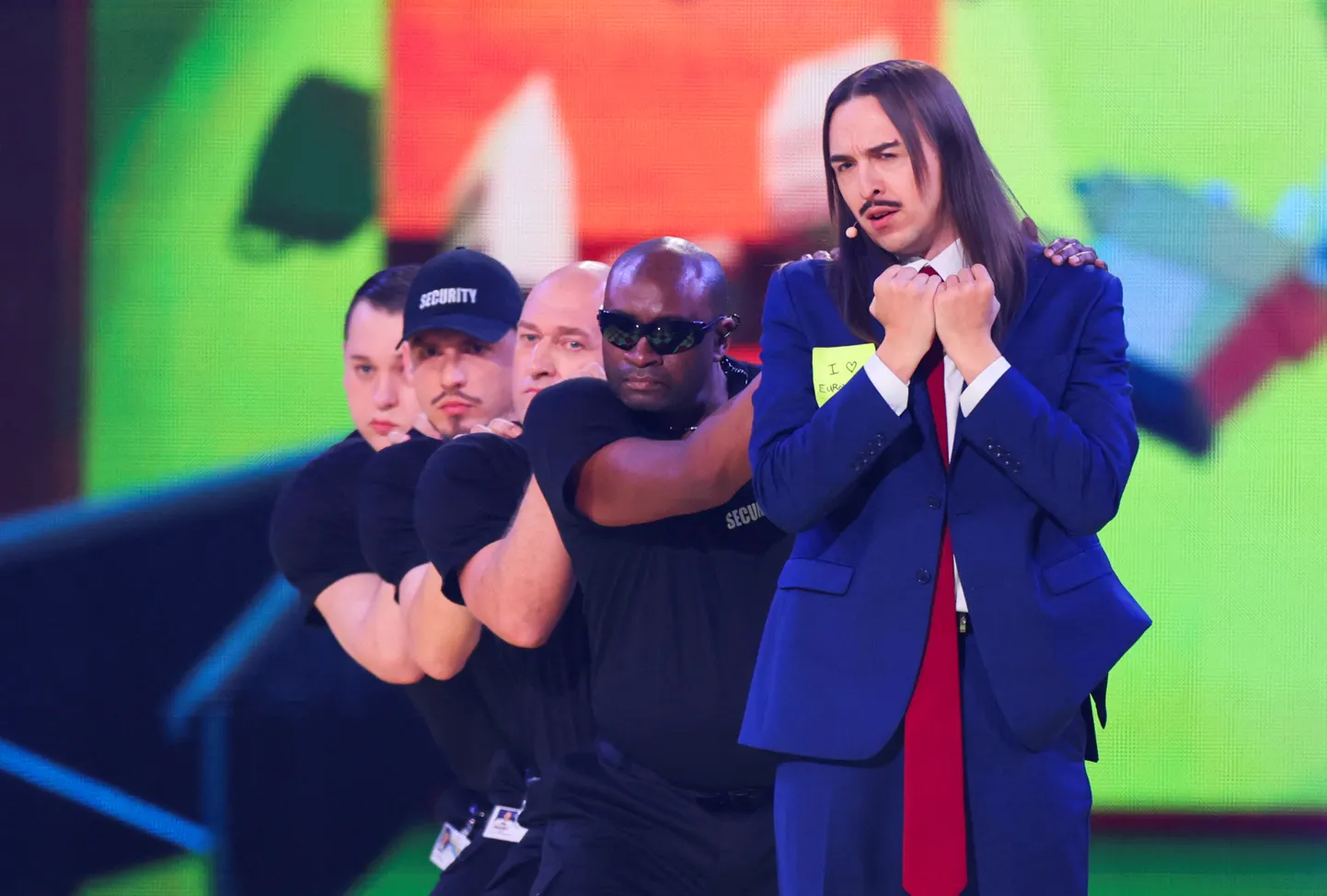 Tommy Cash, representing Estonia, performs during the dress rehearsal 2 of the first semi-final of the 2025 Eurovision Song Contest, in Basel, Switzerland, May 12, 2025. REUTERS/Denis Balibouse