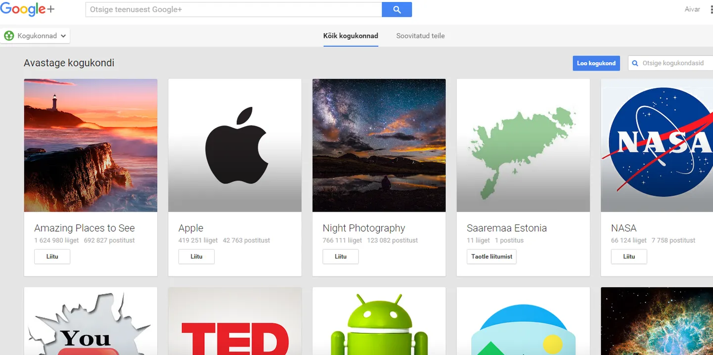 Google+ Kogukondade vaade