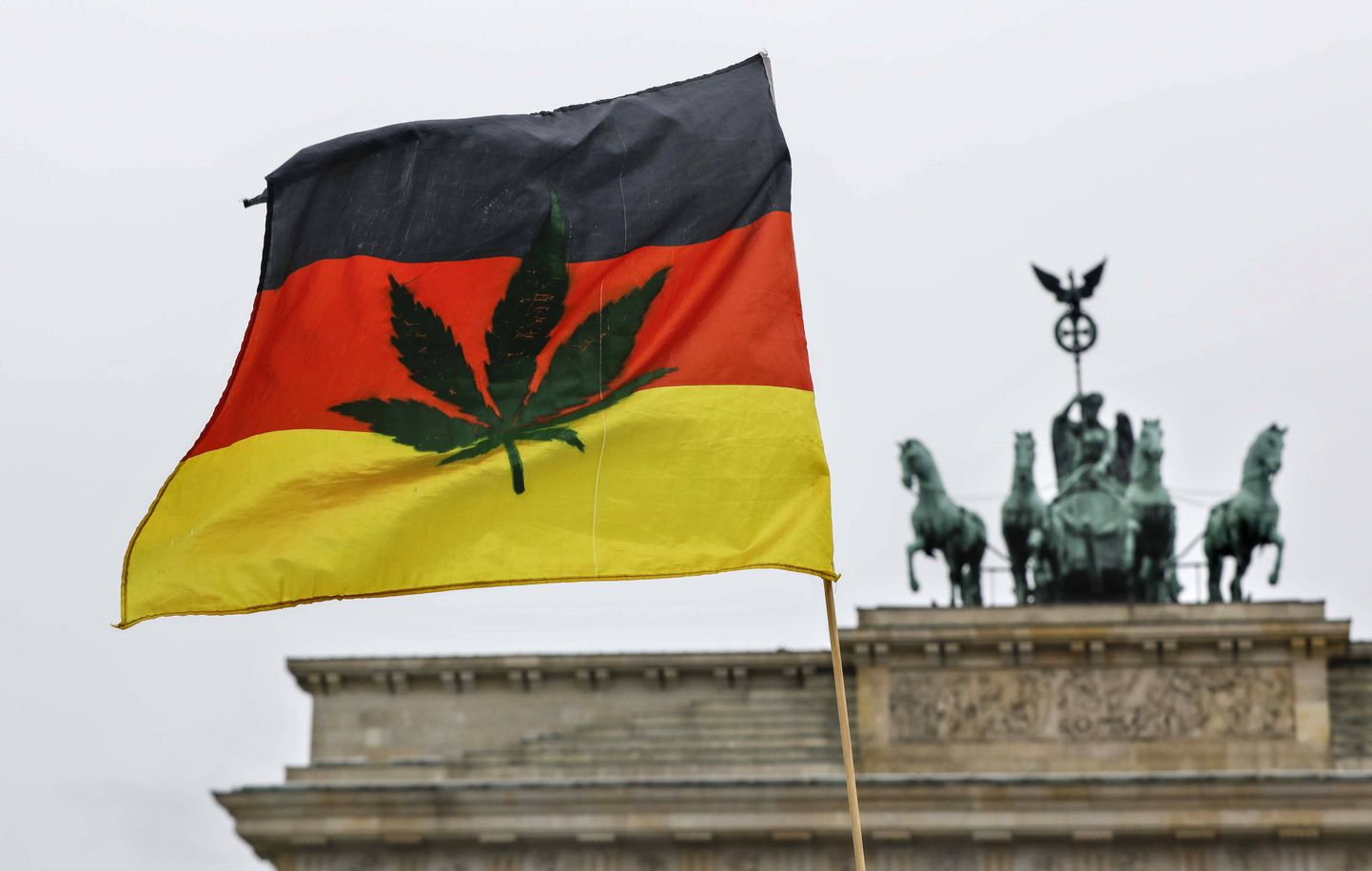 Saksamaa lipp, millele on trükitud kanepileht. Kanepi legaliseerimist toetaval meeleavaldusel Berliinis, 22. aprillil 2020. aastal.