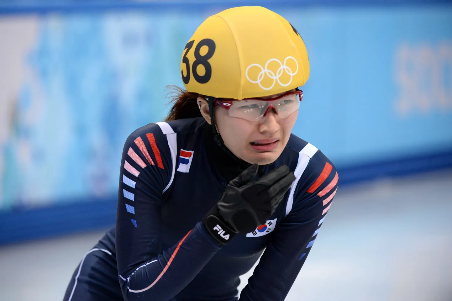 South Korea's Park Seung-Hi cries after winning the Women's Short Track 1000 m Final at the Iceberg Skating Palace during the Sochi Winter Olympics on February 21, 2014. AFP PHOTO / YURI KADOBNOV