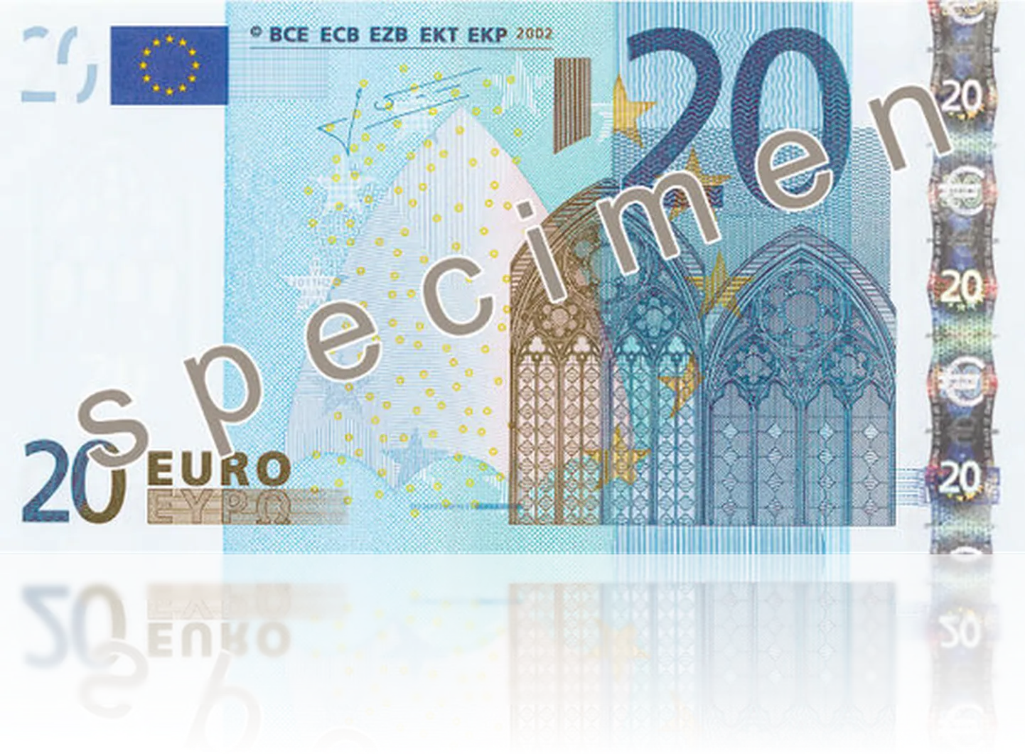 Uue seeria 20-eurostel puhul on täiesti uus turvaelement: läbipaistev portreeaken Europe kujutisega rahatähe paremal serval.