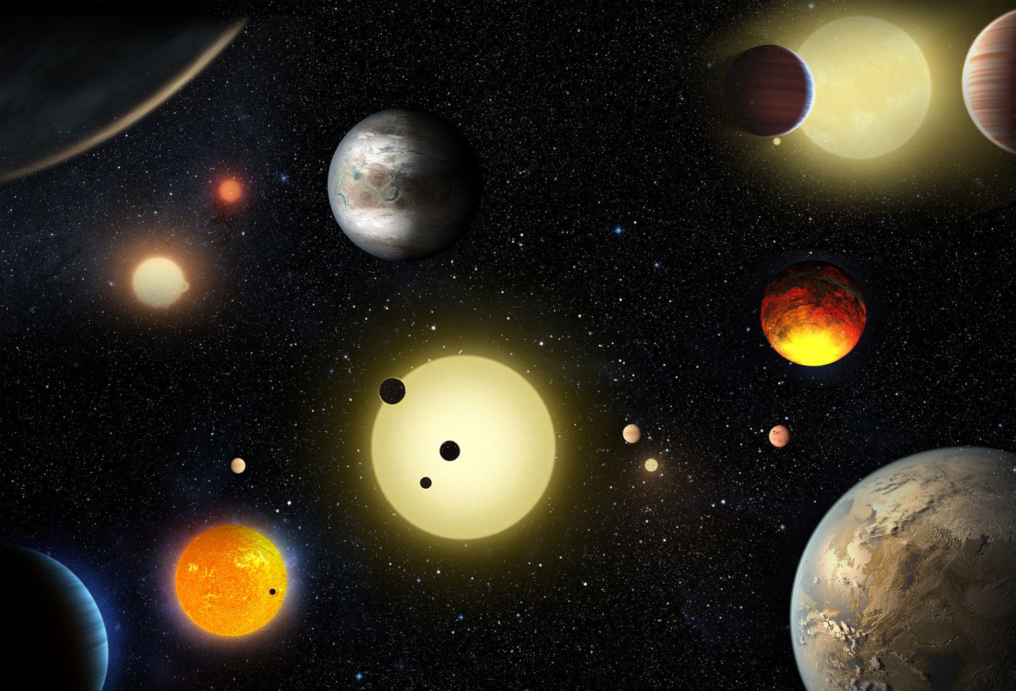 Kunstniku nägemus erinevatest Kepleri programmi käigus leitud eksoplaneetidest