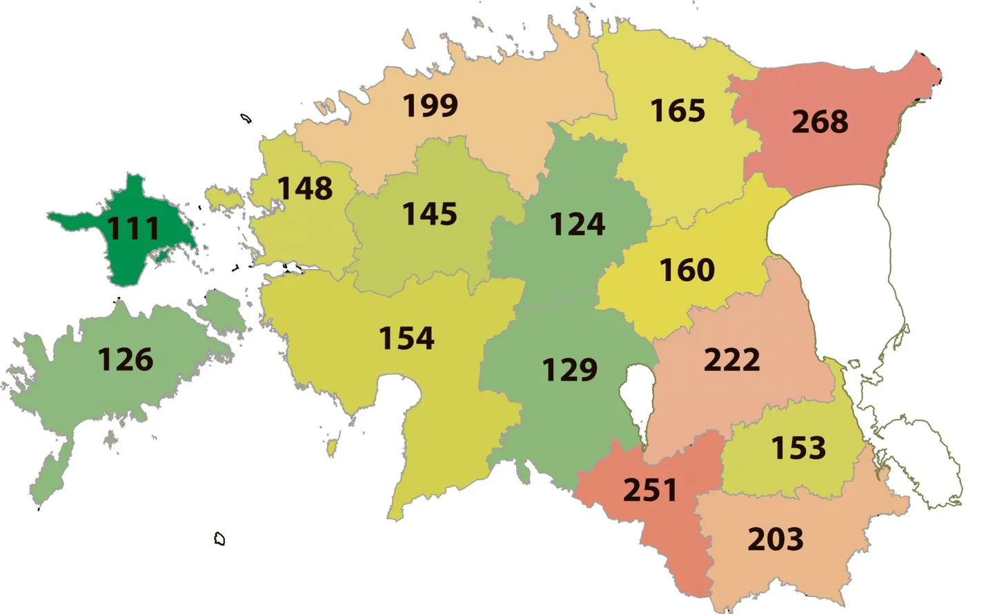 Registreeritud kuriteod 10 000 elaniku kohta 2023. aastal Eesti maakondades. Kui tunamullu oli kõige turvalisem piirkond Viljandimaa, siis mullu oli selleks Hiiumaa.