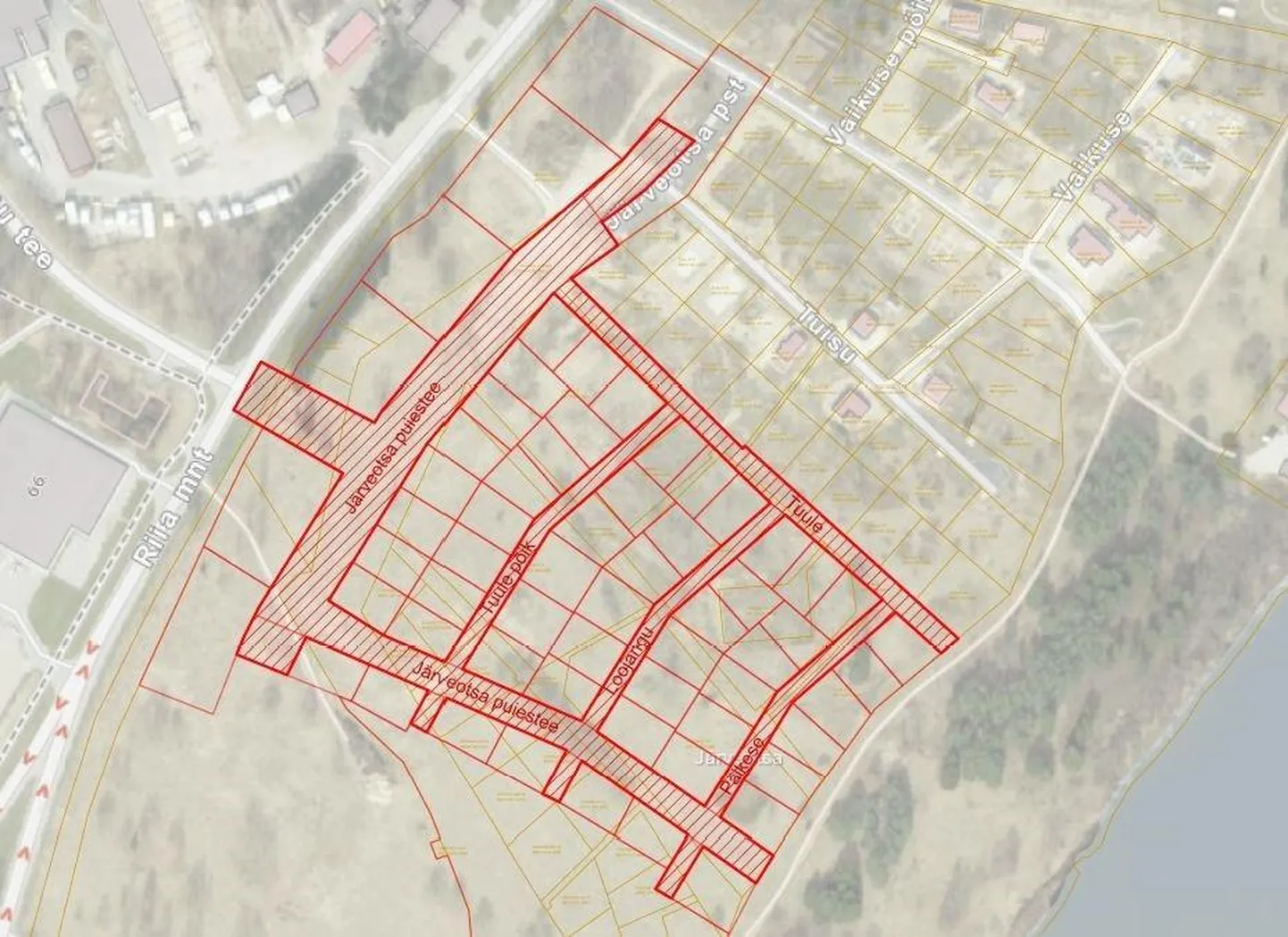 Järveotsa teise etapi töömaa skeem. Töömaa on tähistatud punasega viirutatud kontuuriga.