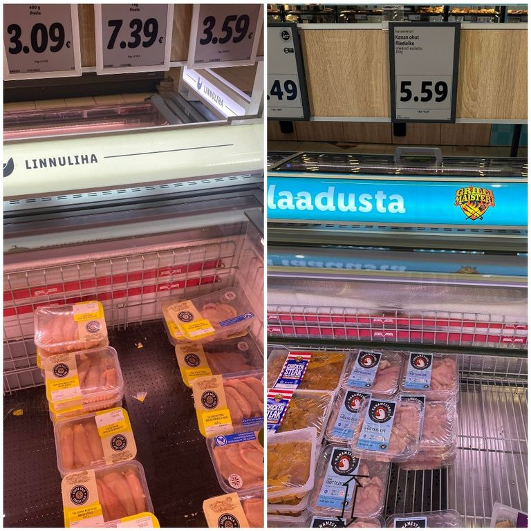 Слева - цены на куриное филе в Таллинне, справа - в Хельсинки.