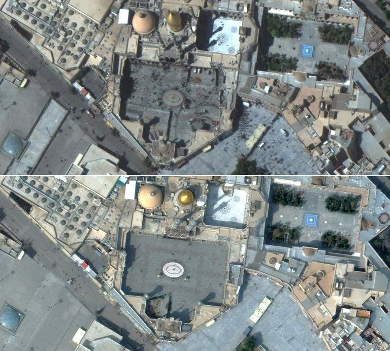 Rahvamassid palverännakute keskpunktiks olevas Mekas enne (ülemine pilt) ja pärast (alumine pilt) uut koroonaviiruse puhangut.