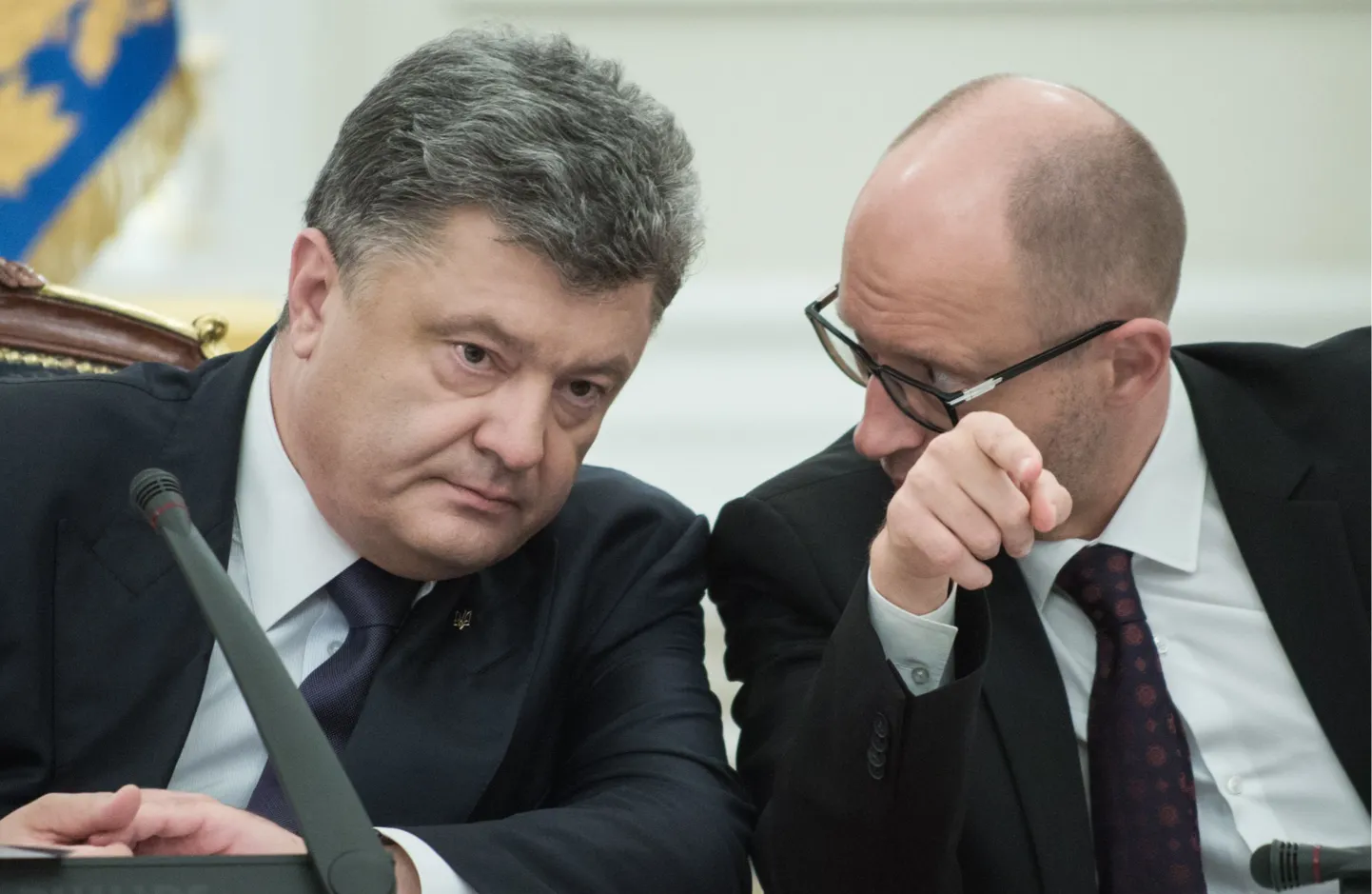 Ukraina president Petro Porošenko (vasakul) ja Ukraina peaminister Arseni Jatsenjuk asju arutamas.