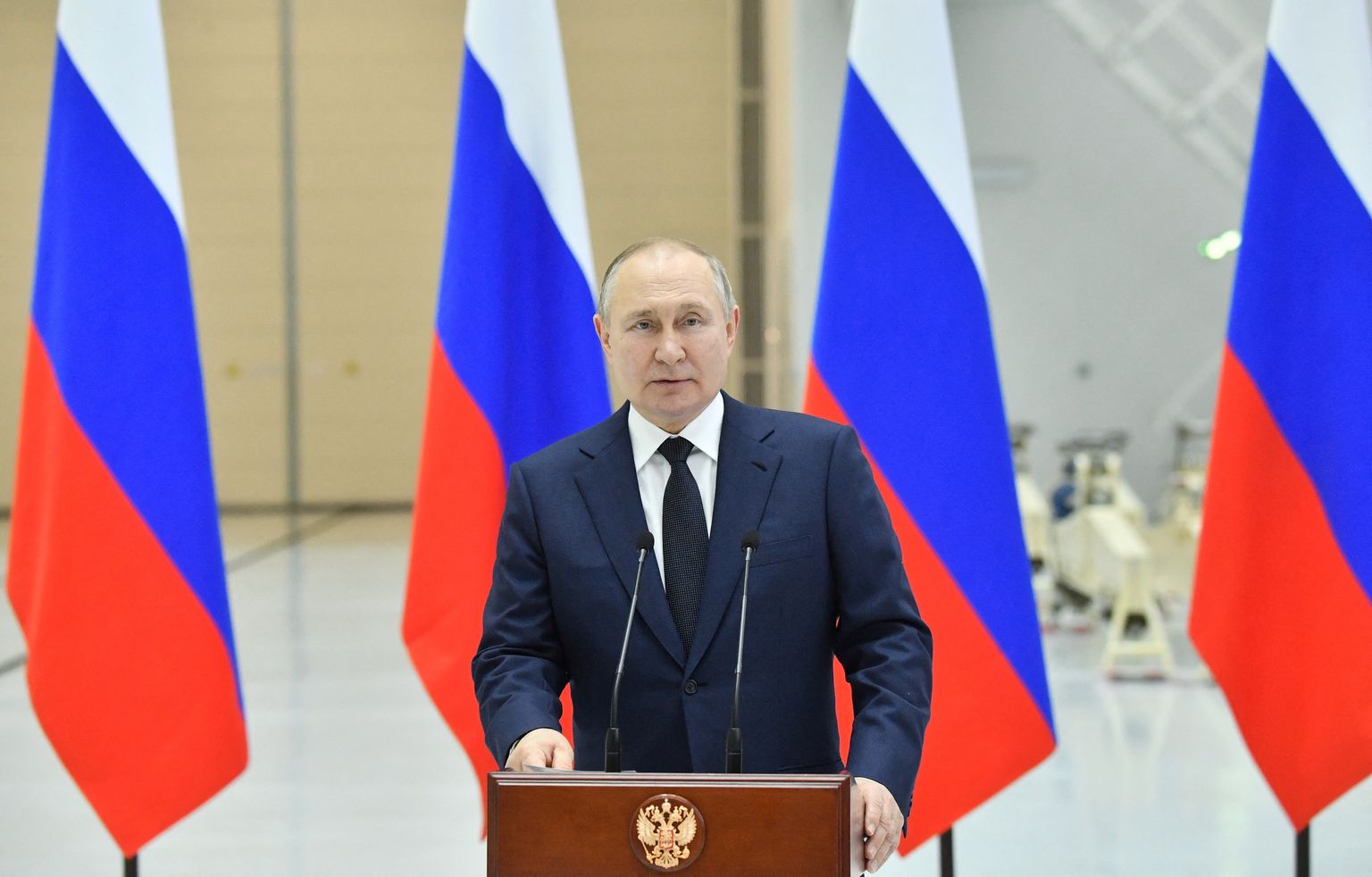 Venemaa president Vladimir Putin pidamas 12. aprillil 2022 kõnet Amuuri piirkonnas Vostotšnõi kosmodroomil, mida ta külastas