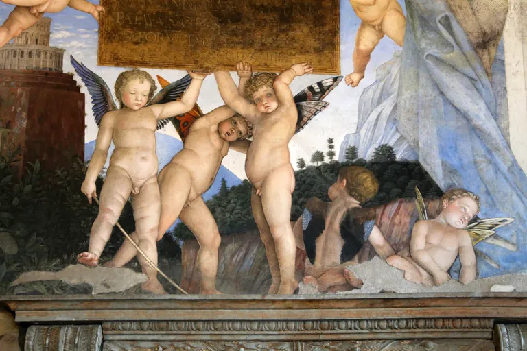 Gleznotāja Andrea Manteņjas sienas gleznojums līgavas un līgavaiņa istabā Palazzo Ducale pilī Mantujā. 1465-1474.