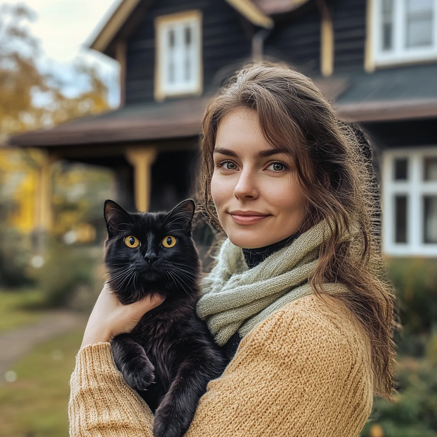 Женщина с черной кошкой, иллюстративное, искусственно созданное изображение