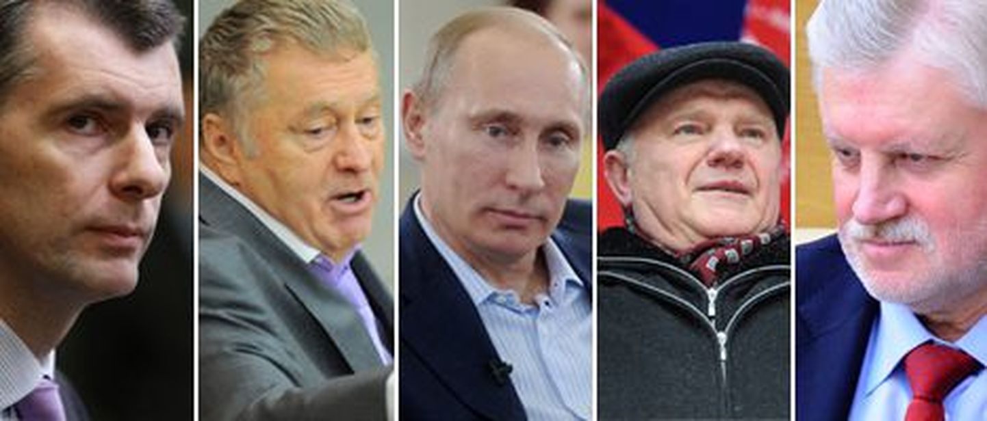 Presidendikandidaadid (vasakult) Mihhail Prohhorov, Vladimir Žirinovski, Vladimir Putin, Gennadi Zjuganov, Boriss Mironov.