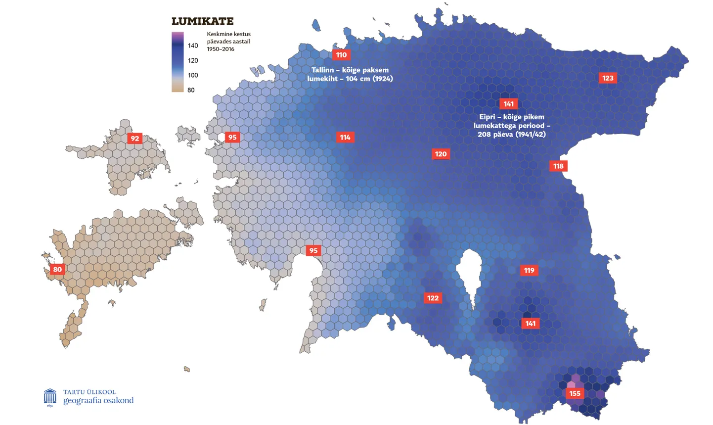 Eesti lumikatte kaart. Andmed: Ilmateenistus, Birgit Viru, Jaak Jaagus