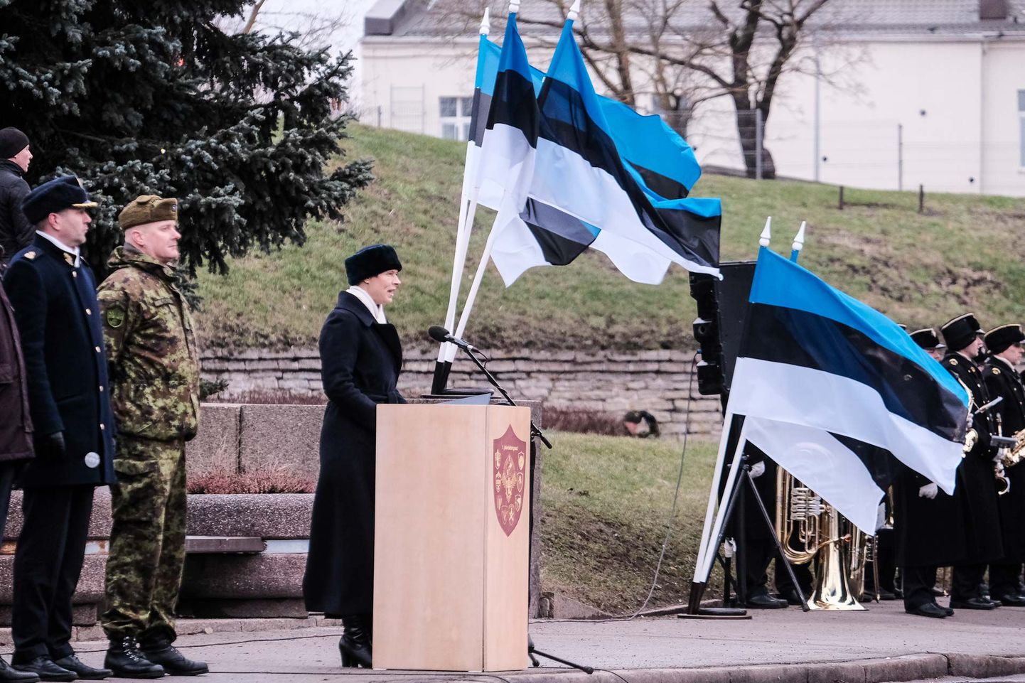 Президент Керсти Кальюлайд выступает на параде в честь годовщины перемирия в Освободительной войне на Петровской площади в Нарве.
