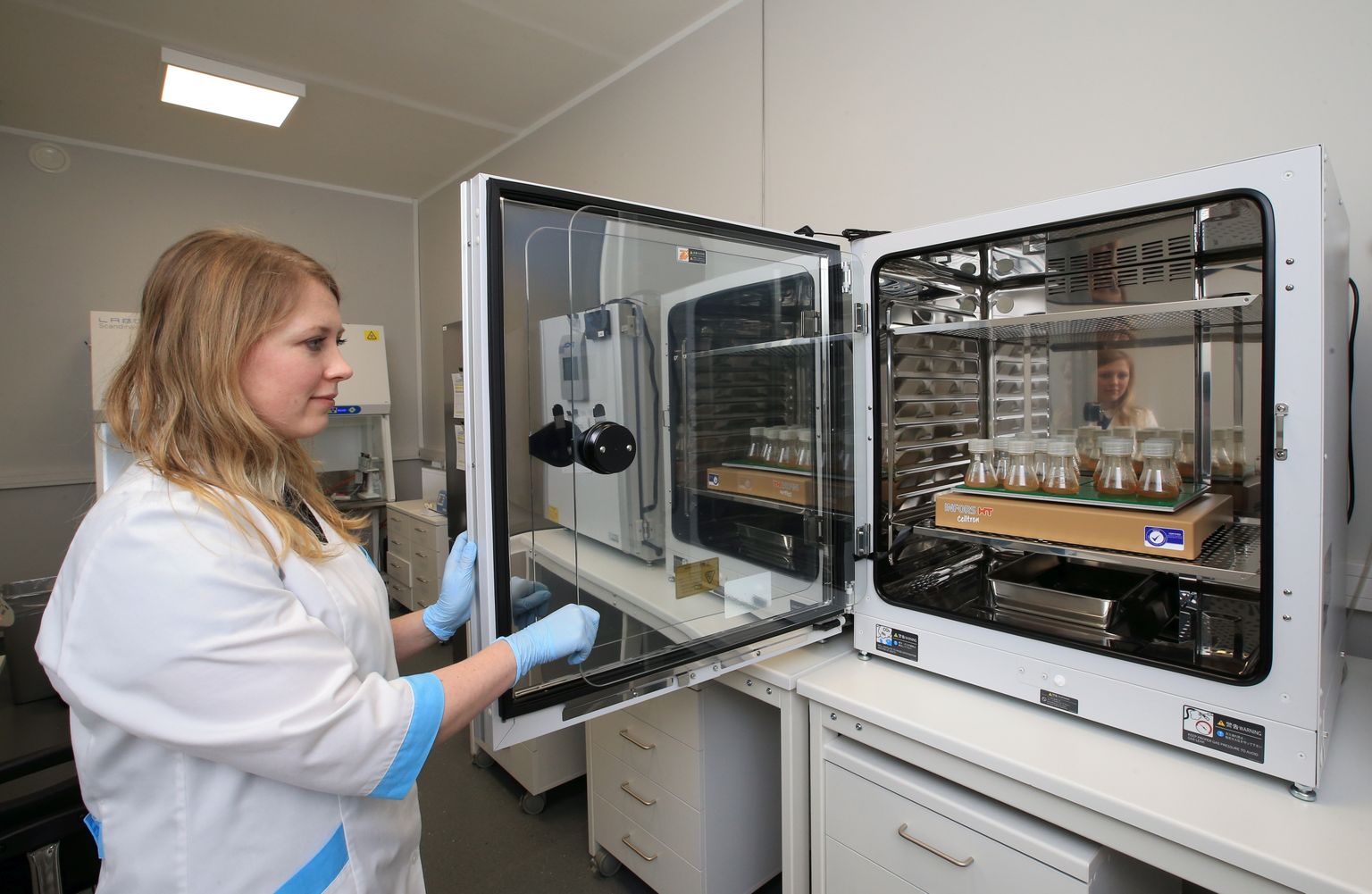 Teadustöö Icosagn ASi laboris.
Pildil Icosagen AS rakuliiniarenduse labori juhataja Eva-Maria Tombak inkubaatori juures, kus kasvatatakse rakke. Pilt on illustreeriv.