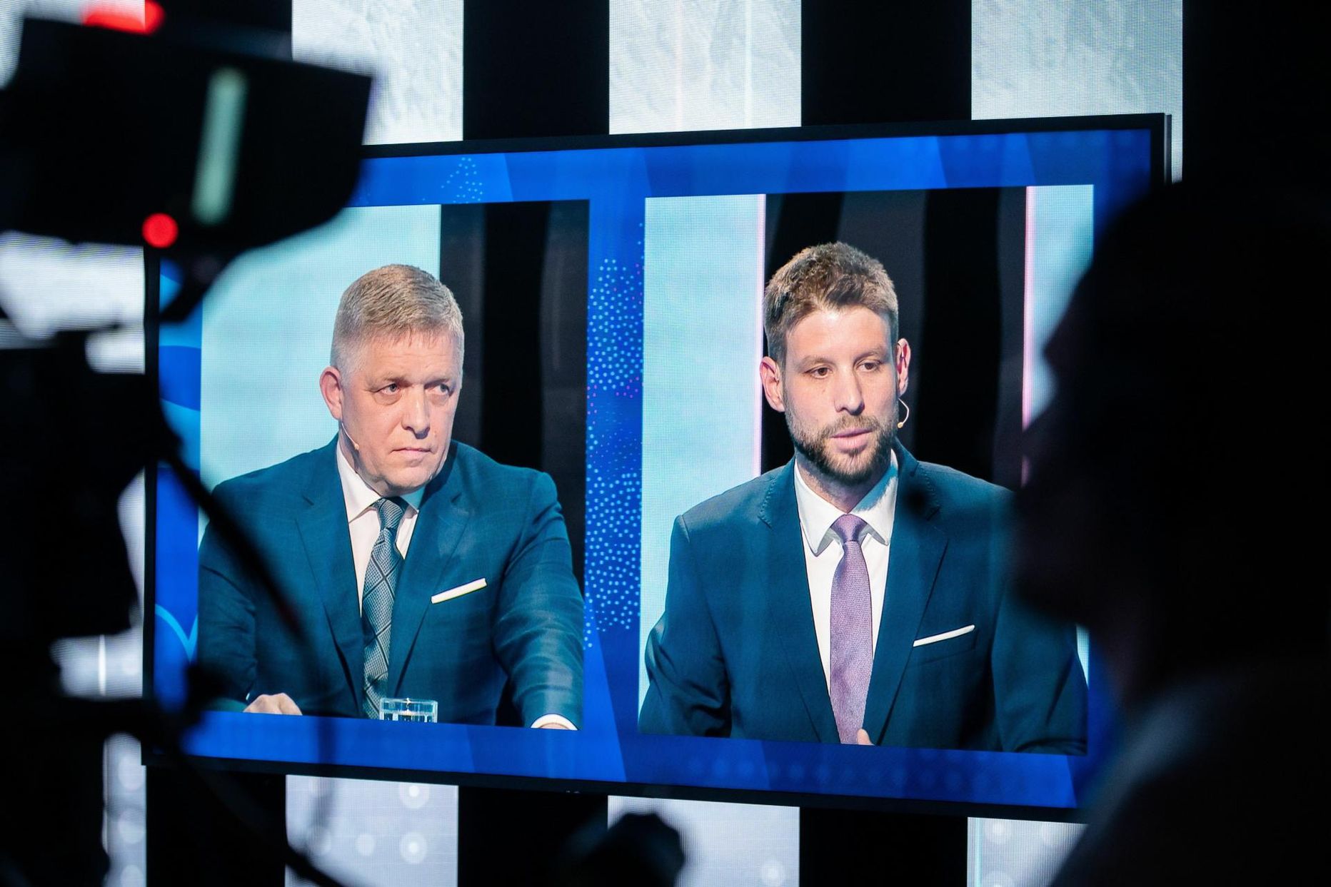 Kaks rivaali, SMERi juht Robert Fico ja Progressiivse Slovakkia juht Michal Šimečka 21. septembril teledebatil.