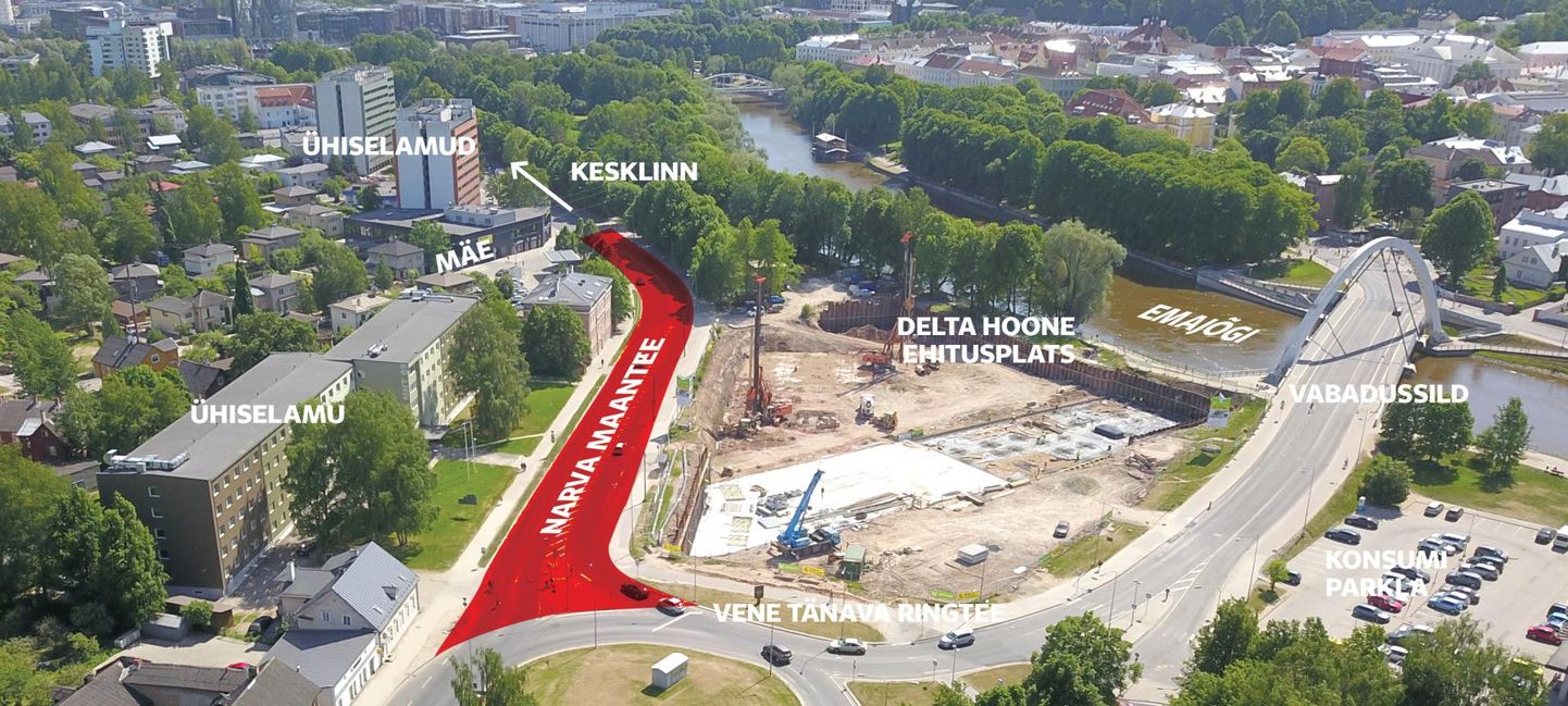Tartu ülikooli Delta hoone ühendamiseks linna torustike ja kaablitega algab Narva maanteel kaevamine, esimeses järjekorras Mäe tänava ja Vene ringi vahel.