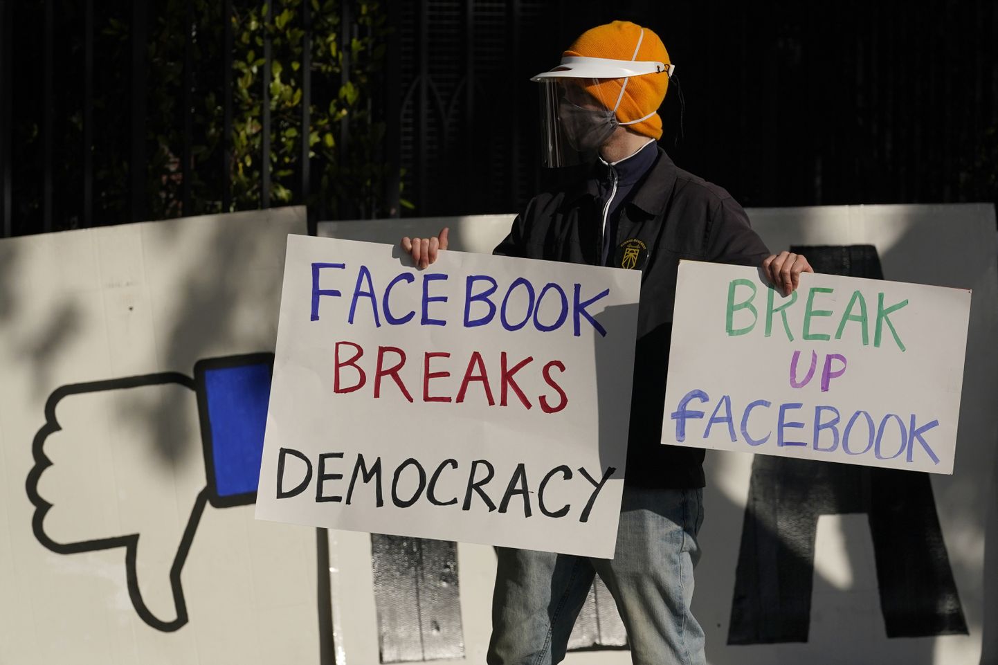 Meeleavaldaja plakatitega ,,Facebook murrab demokraatiat'' ja ,,Murdke lahti Facebook''