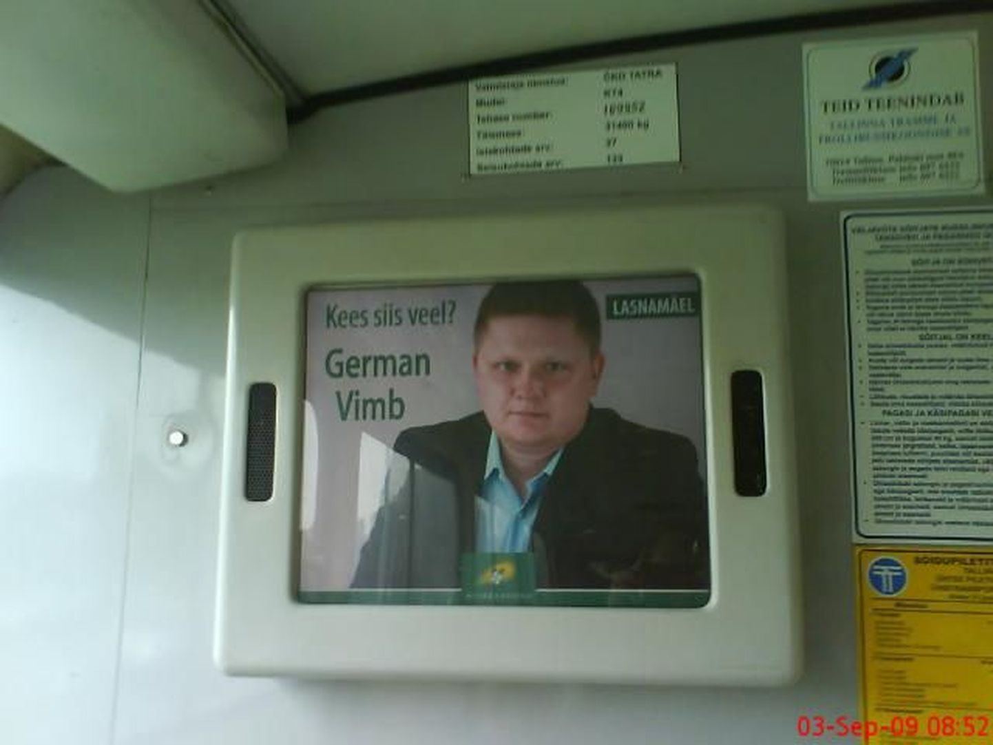 German Vimbi valimisreklaam Kopli trammis.