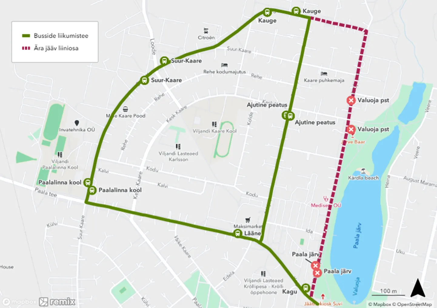 Ajutine bussimarsruut 8. juunil Paalalinnas.