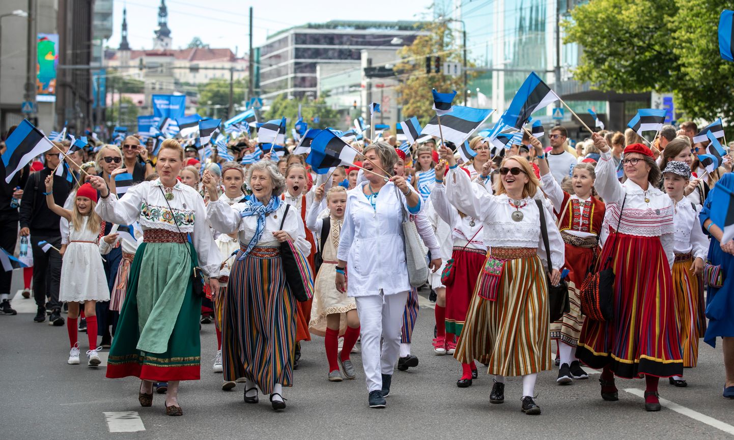 Tallinn, Estonia, 6th July, 2019: people in traditional clothing in streets of Tallinn walking towards song festival grounds during a festival called ‘laulupidu’ held every 5 years