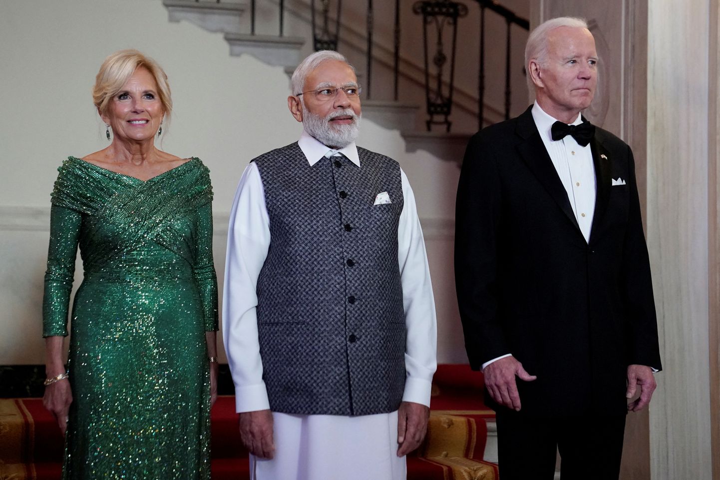 USA esileedi Jill Biden, India peaminister Narendra Modi ja USA president Joe Biden Valges Majas.