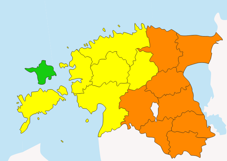 Карта метеорологической службы. Оранжевым цветом окрашены области, где вынесено штормовое предупреждение второго уровня опасности. Желтым - с предупреждением об опасности первого уровня.