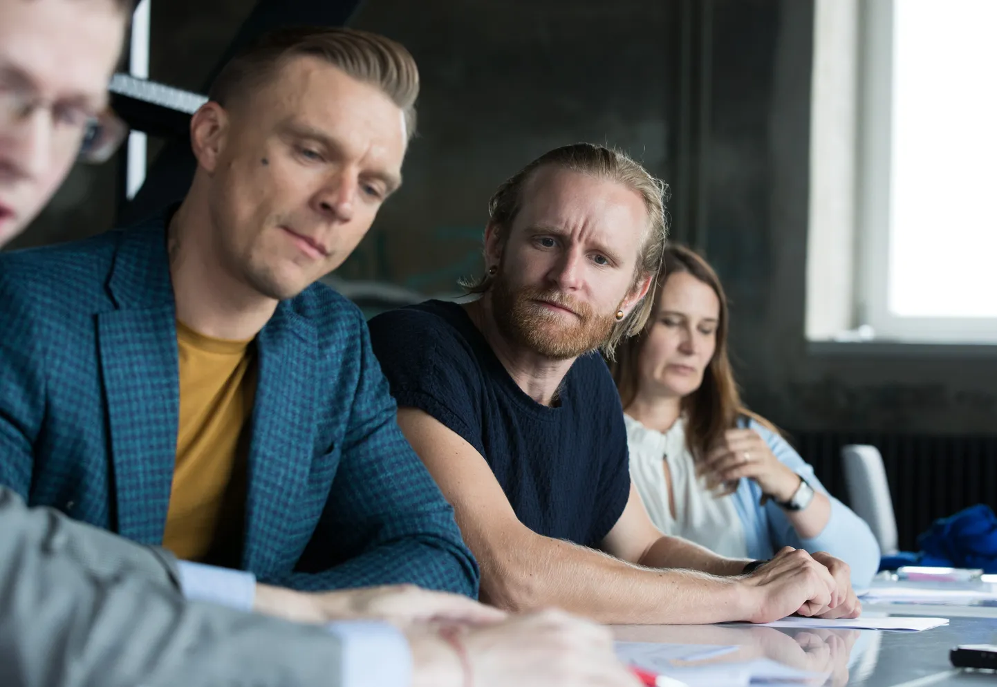 TALLINN, 17.09.2018
Kaspar Kalluste(habemega), Tanel Padar ja Priit Lätt(prillidega), autorite kaebus riigi vastu. 

Kaspar Kalluste (beard), Tanel Padar and Priit Lätt (with glasses), complaints from authors against the state.
lt/: Foto: LIIS TREIMANN