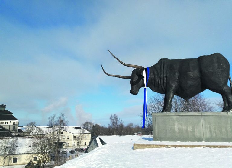 Väge täis EV 100. Rakvere ordulinnuse lähedal asub linnusele ja linnale Tarvanpää nime andnud ürgveise kuju – täies hiilguses ja pidurüüs.