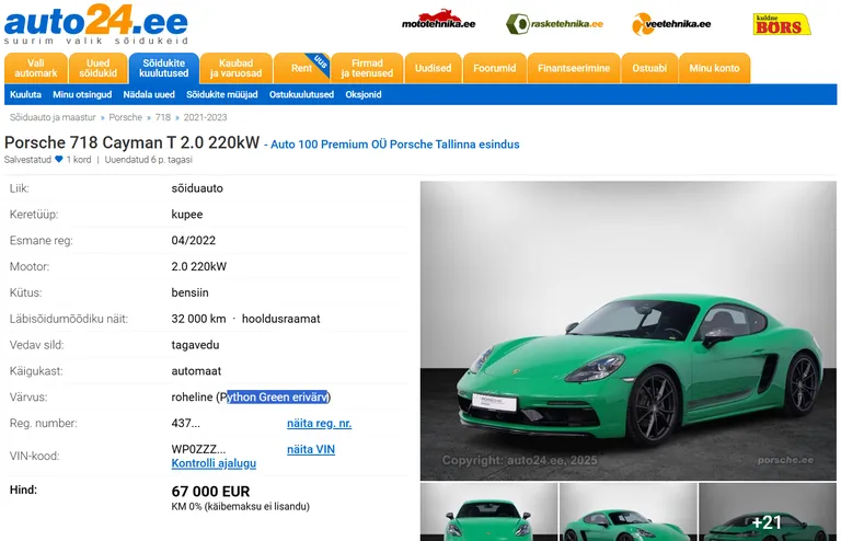 Müügis olev silmapaistev Porsche