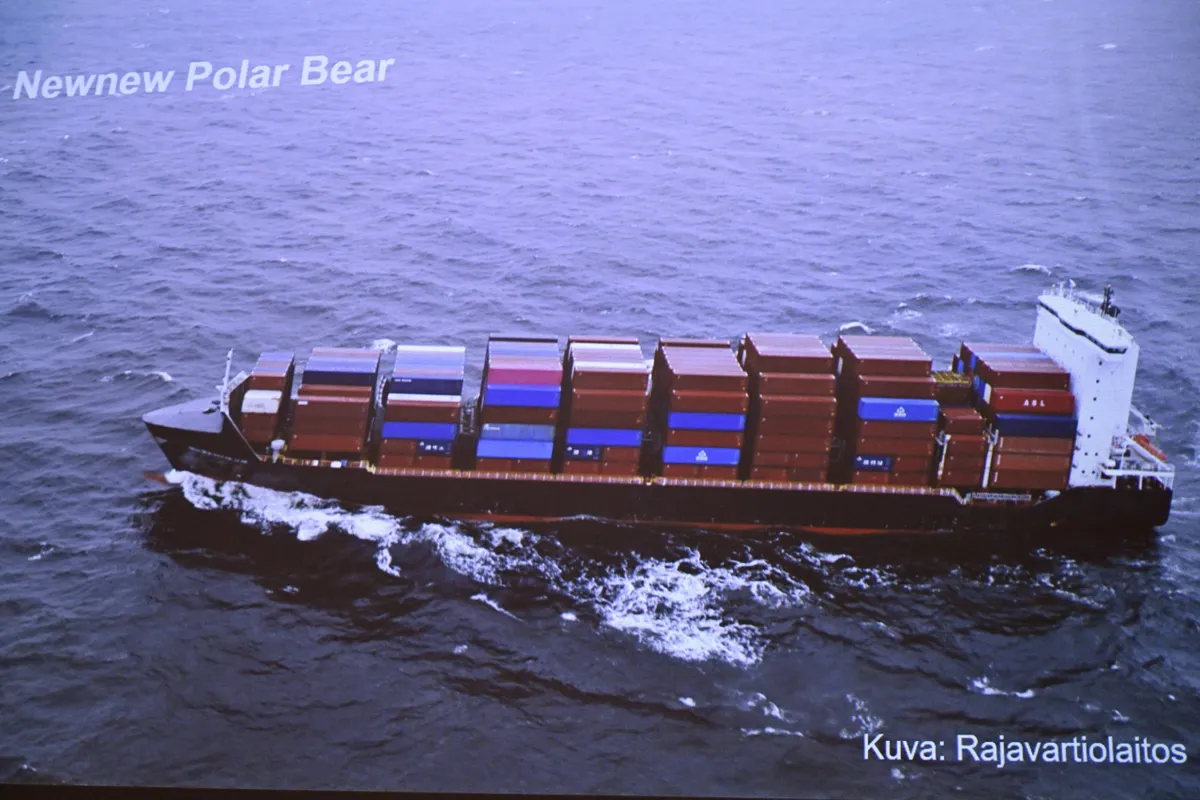 A photo by the Finnish Border Guard of the cargo ship NewNew Polar Bear, registered in Hong Kong, which was seen moving near the Balticconnector gas pipeline.