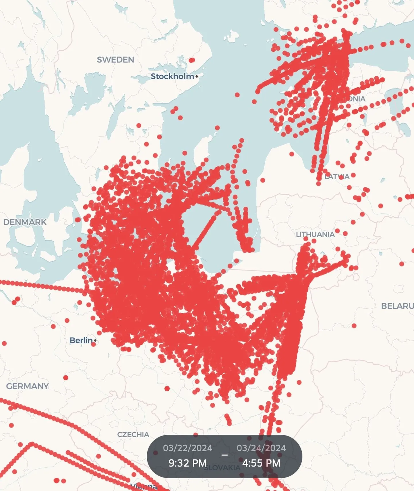 Карта зон воздействия глушителей, опубликованная в X, показывает, что в основном проблема касается Польши и южной Швеции, но нарушено было и воздушное пространство Эстонии.