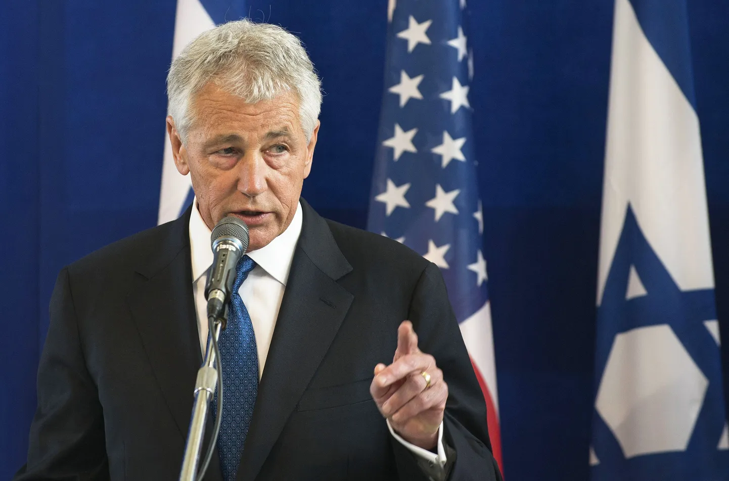 U.S. Defense Secretary Chuck Hagel speaks during a joint news conference with his Israeli counterpart Moshe Yaalon (not pictured) at the Kirya base in Tel Aviv April 22, 2013. Israel suggested on Monday it would be patient before taking any military action against Iran's nuclear programme, saying during a visit by Hagel there was still time for other options.   REUTERS/Jim Watson/Pool (ISRAEL - Tags: POLITICS)